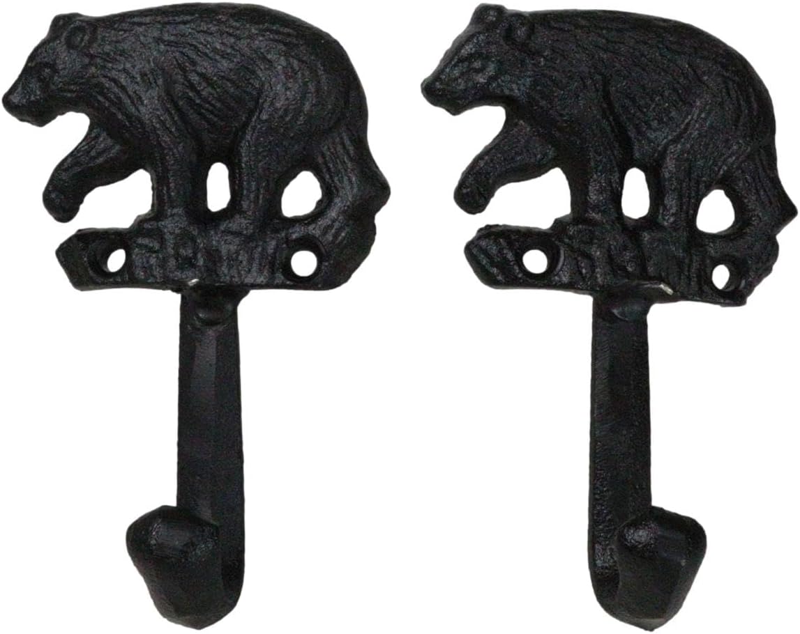 Ebros Set of 2 Rustic Whimsical Forest Black Bear Roaming The Woodlands Cast Iron Wall Hooks 5" High Western Bears Themed Hanging Mount Hook for Coats Hats Keys Leashes Backpacks Decor Sculpture