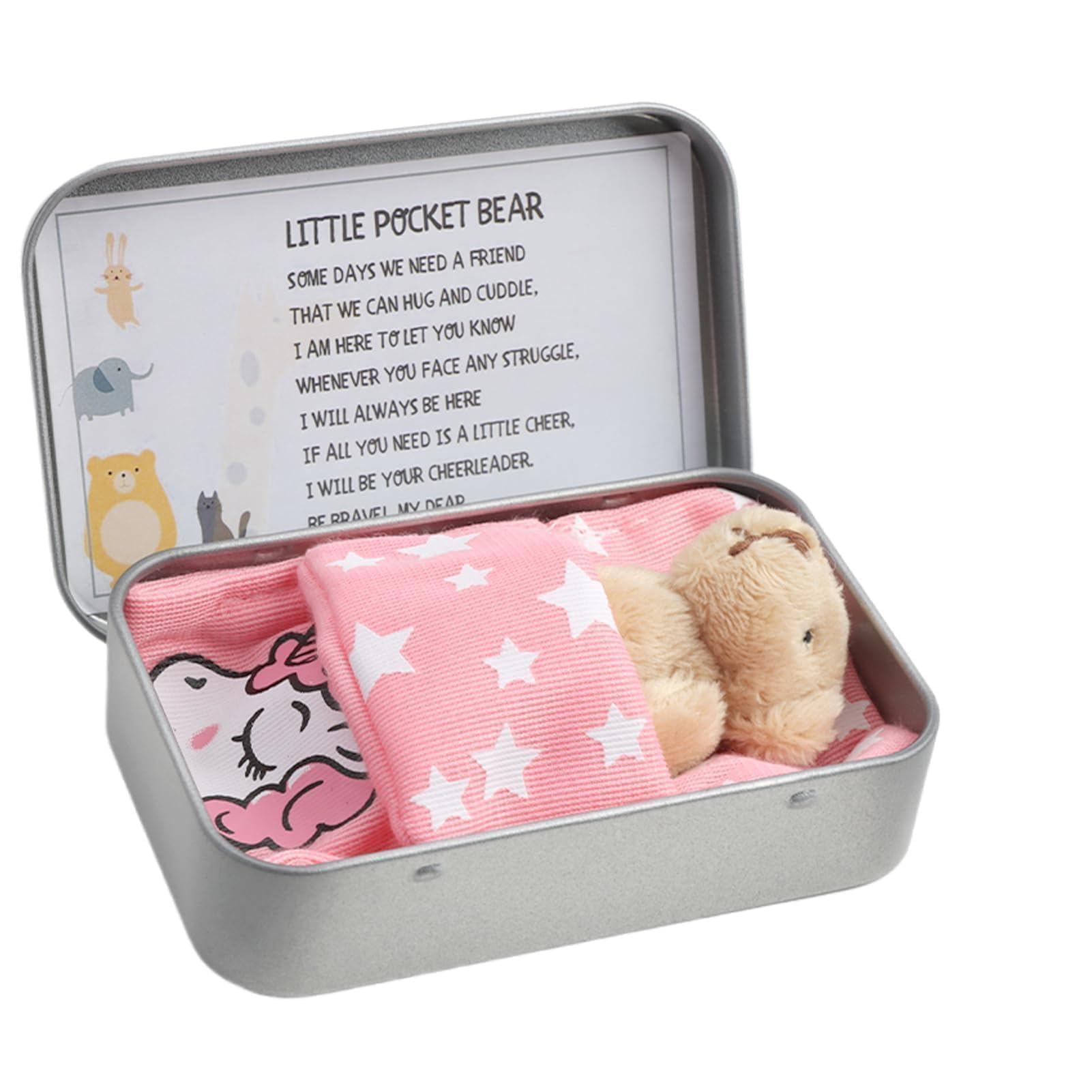 A Little Pocket Bear Hug for Children Women Friend, Small Teddy Bear in a Tin Box, Plush Bear Toy Sending You Mini Pocket Hug Love, Taken Doll Decoration (Light Brown)