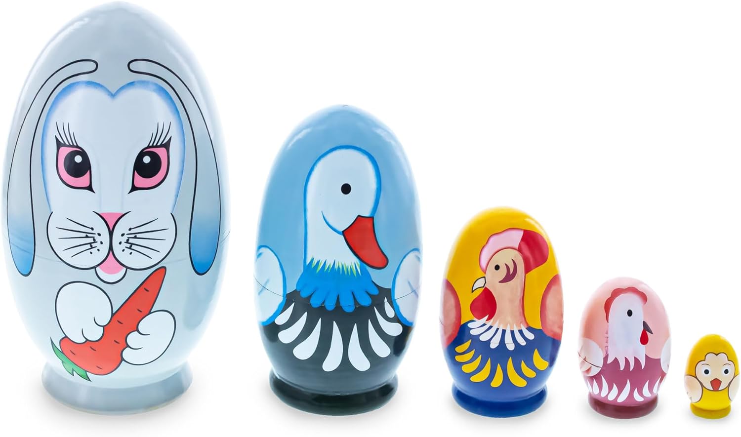 BestPysanky 5 Bunny, Duck, Rooster, Hen & Chick Egg Shape Wooden Nesting Dolls 5 Inches