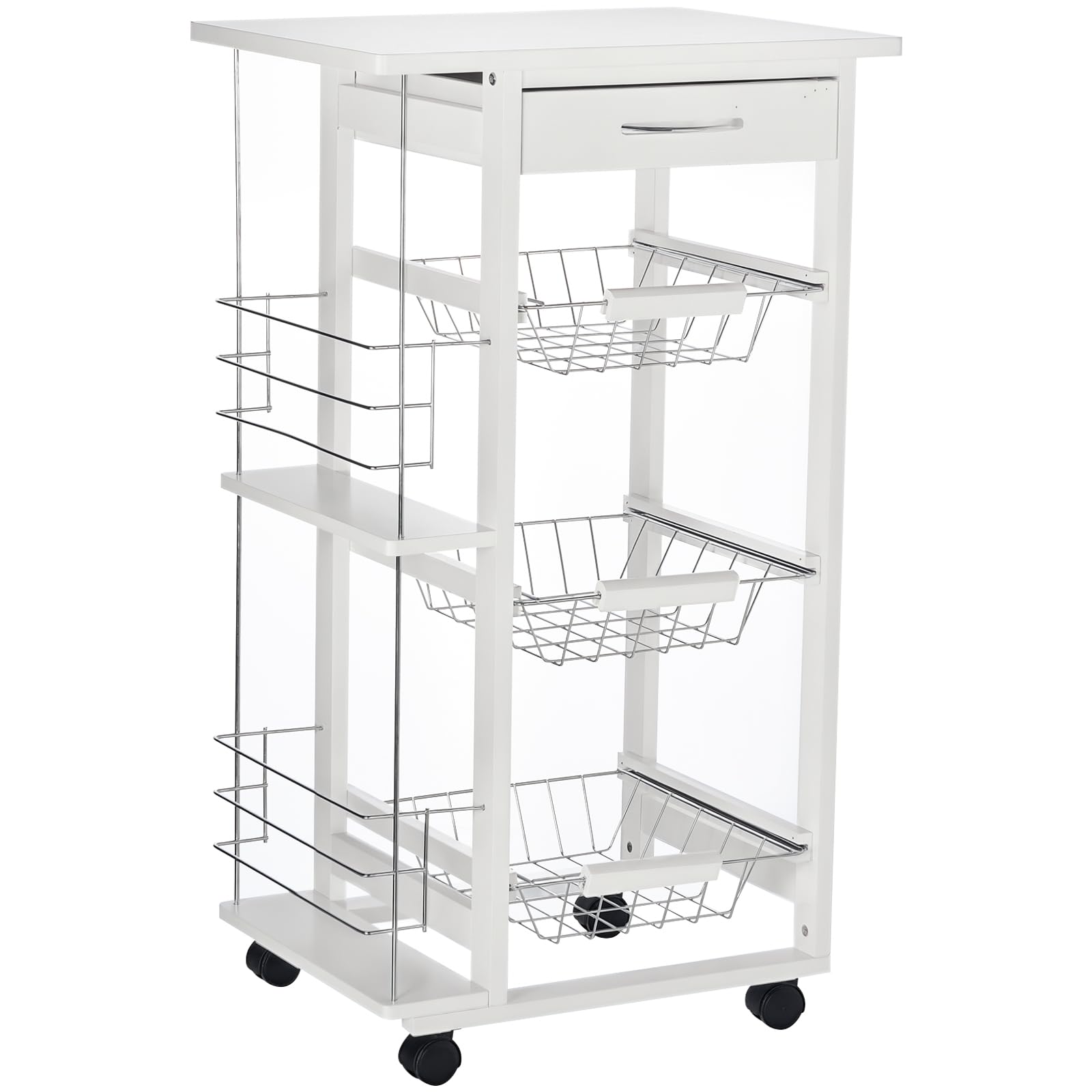 HOMCOM Carrello Isola da Cucina Salvaspazio in Legno di Pino, Carrello Portavivande con 4 Ruote Cassetto 3 Cesti Estraibili Portafrutta, Bianco