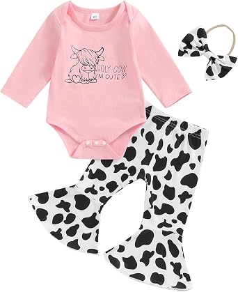 Chloefairy Western Baby Girl Fall Clothes Holy Cow Im Cute Romper Bell Bottoms Flare Pants Set 3Pcs Infant Cowgirl Outfit