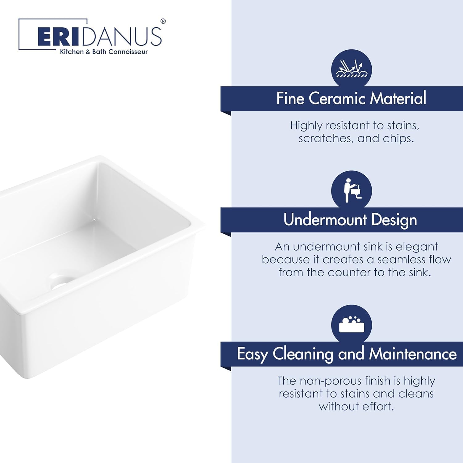 Undermount Kitchen Sink, Eridanus 24" L x 18" W Undermount Kitchen Sink White Ceramic Sink Deep Single Bowl with Bottom Grid and Strainer Drain