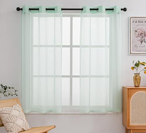 Miniatura 1 de PI - Cortinas cortas transparentes verdes, con ojales en la parte superior, telón de fondo de gasa natural para comedor, cocina, 2 paneles (52