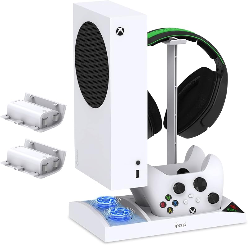 Soporte de ventilador de refrigeración vertical actualizado para Xbox Series S | Sistema de ventilador más fresco, estación de carga de doble controlador con 2 baterías recargables de 1400mAh, soporte para auriculares