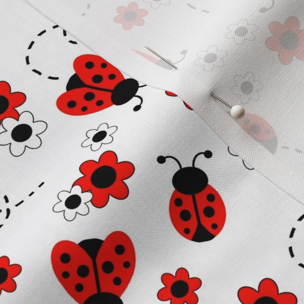 Spoonflower Fabric - Red Floral White Flowers Ladybug Girl Printed on Petal Signature Cotton Fabric Fat Quarter - Sewing Quilting Apparel Crafts Decor