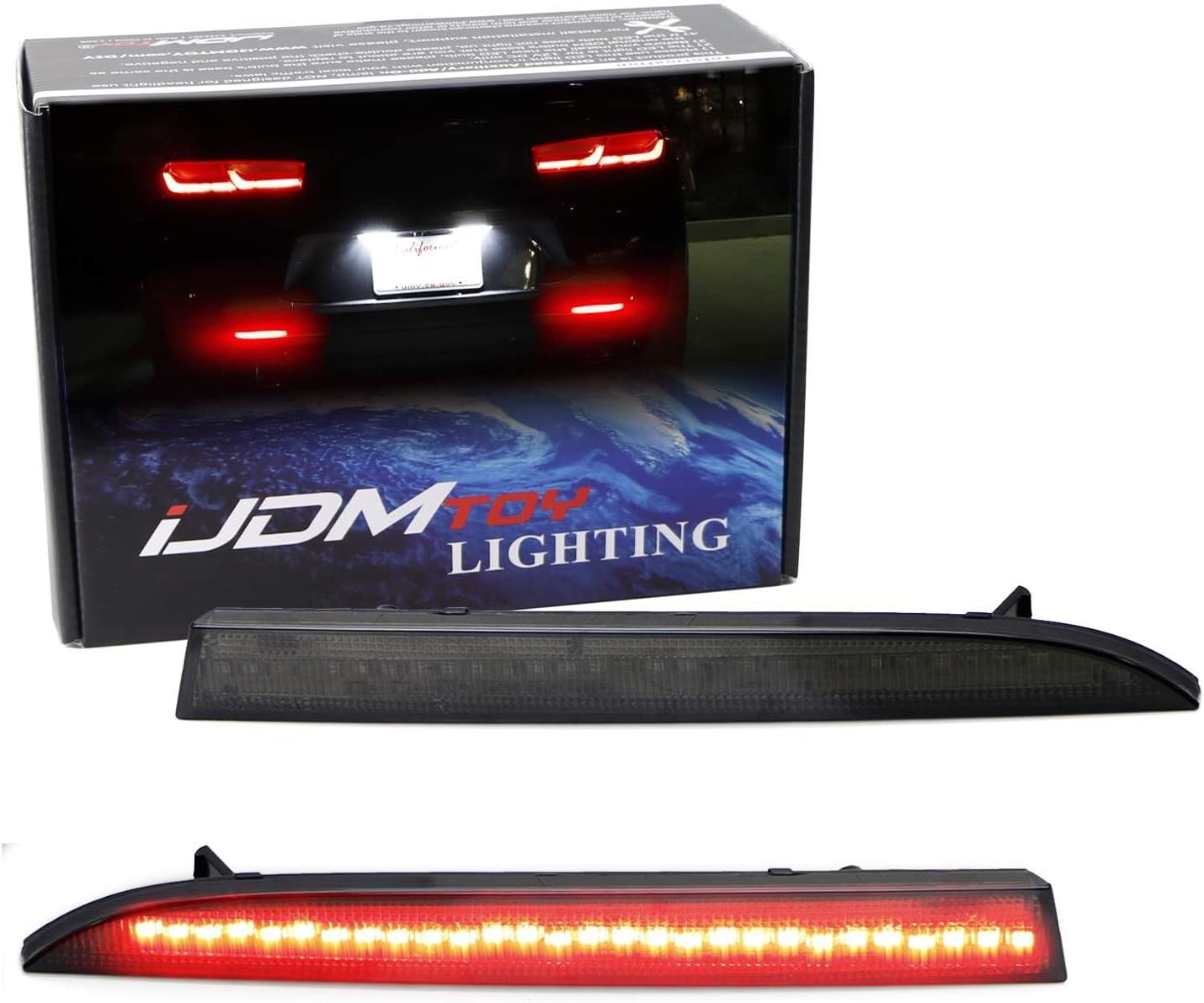 iJDMTOY Black Smoked Lens 28-SMD Red LED Bumper Reflector Lights Compatible With 2016-up Gen6 Chevrolet Camaro, Function as Tail/Brake or Rear Fog Lamps
