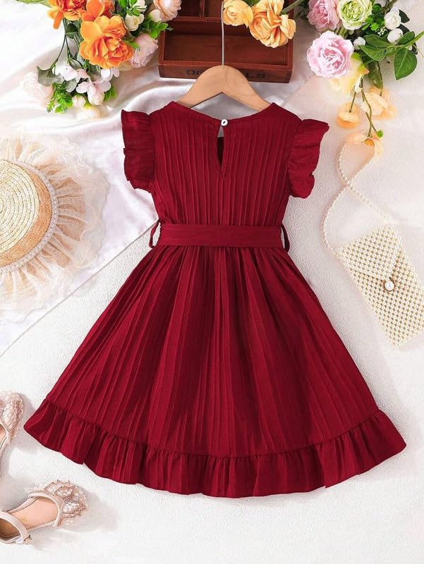 Image of Niren Enterprise Girls' Frill Pleated Design, Ruffle Sleeves, Bow Waist, Elegant Summer & Birthday Party Dress