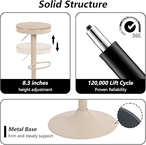 Miniatura 3 de Kidol & Shellder Juego de 2 taburetes de bar redondos y ajustables, sillas de bar modernas sin espalda, asientos de madera, taburetes de altura sin