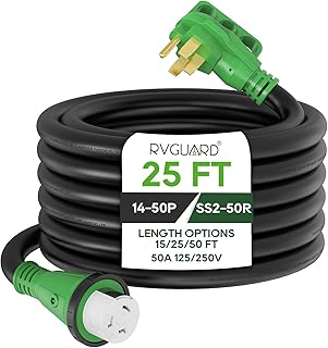 RVGUARD 50 Amp 25 Feet RV Power Extension Cord, Heavy Duty STW Wire with LED Power Indicator and Cord Organizer, NEMA 14-50P to SS2-50R Locking Connector, Green, ETL Listed