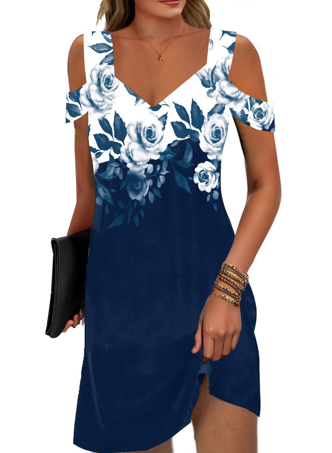 Soesdemo Womens Summer Dress Cold Shoulder V Neck Floral Printed 2024 Fashion Sundress with Pockets
