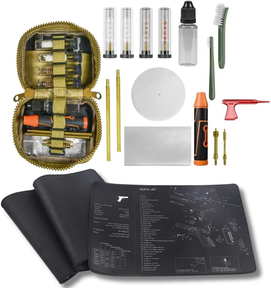 FLARE Tactical Gun Cleaning kit + Gun Cleaning mat - All-in-one Handgun Cleaning Kit 9mm and .45 Gun Cleaning Works with All Pistols and Handguns 9mm/.380/.357/0.44/0.45. Upgrade 2025