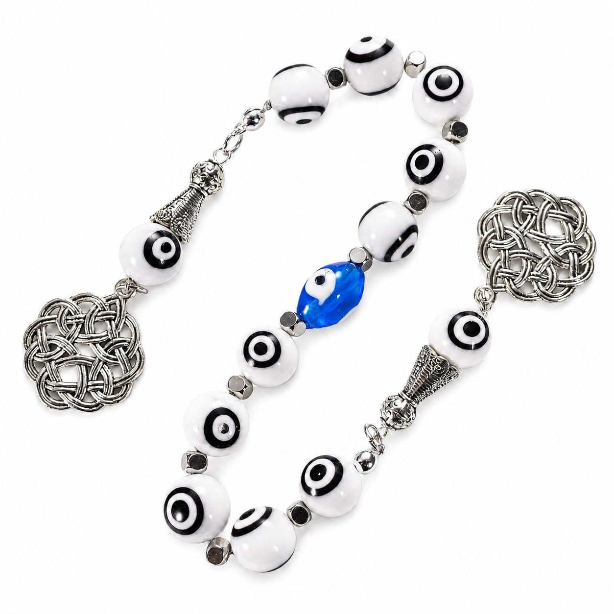 Türkische Nazar Worry Beads für Männer, Weiß-Schwarz mit blauem Akzent