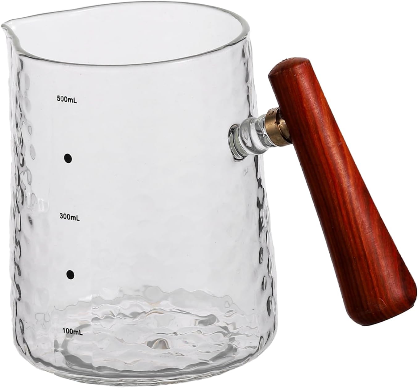 SHOWERORO Glass Milk Frothing Cup with Wood Handle Durable Measuring Pitcher for Coffee Juices and Desserts Elegant Design for Home and Use