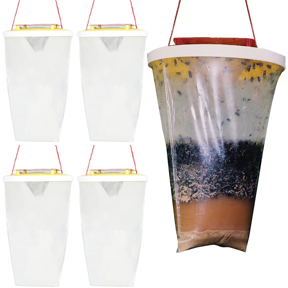 YANGUN4 Pack Fly Trap Bags, Fly Catcher Outdoor, Hanging Fly Killer Bag, Fly Trap Outdoor with Fly Bait, Effective Trap Catches Flies, Mosquitoes and Bees, for House, Gardens, Farms