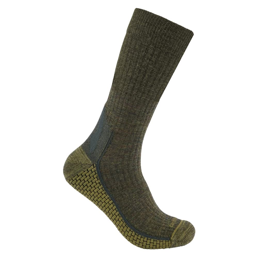 Carhartt Men's Olive Socks - Force™ Grid Midweight Synthetic-Merino Wool Blend Crew Sock - Green - M