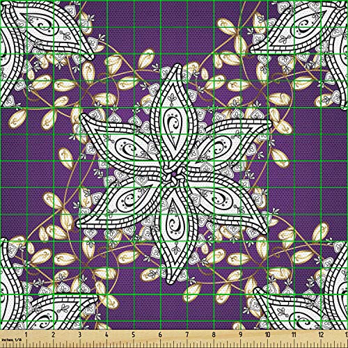 Image of Ambesonne Mauve Fabric by The Yard, Vintage Oriental Display Moroccan Illustration Floral Petals with Details, Decorative Fabric for Upholstery and Home Accents, 1 Yard, Earth Yellow Purple