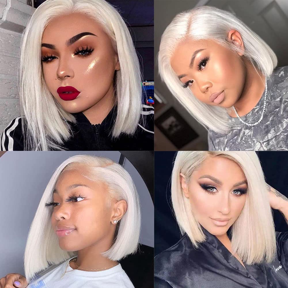 Platinum Blonde 13x6 Lace Frontal Wigs Human Hair Pre plucked with Baby Hair Glueless #60 Ash Blonde Short Bob Wigs for White Women HD Lace 12Inch