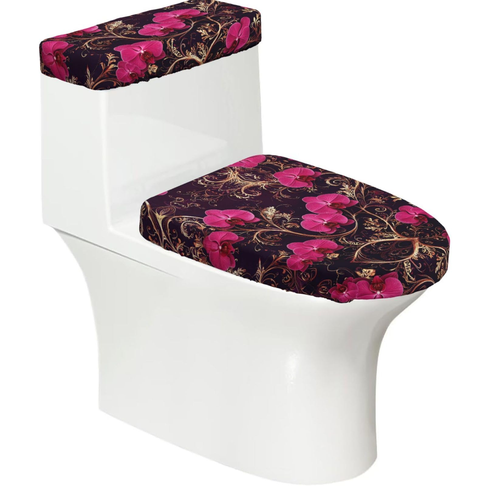 Dark Purple Orchid Elastic Toilet Cover Set of 2-Stretchy Lid and Tank Covers for Bathroom, Soft Washable U Shape Toilet Decor