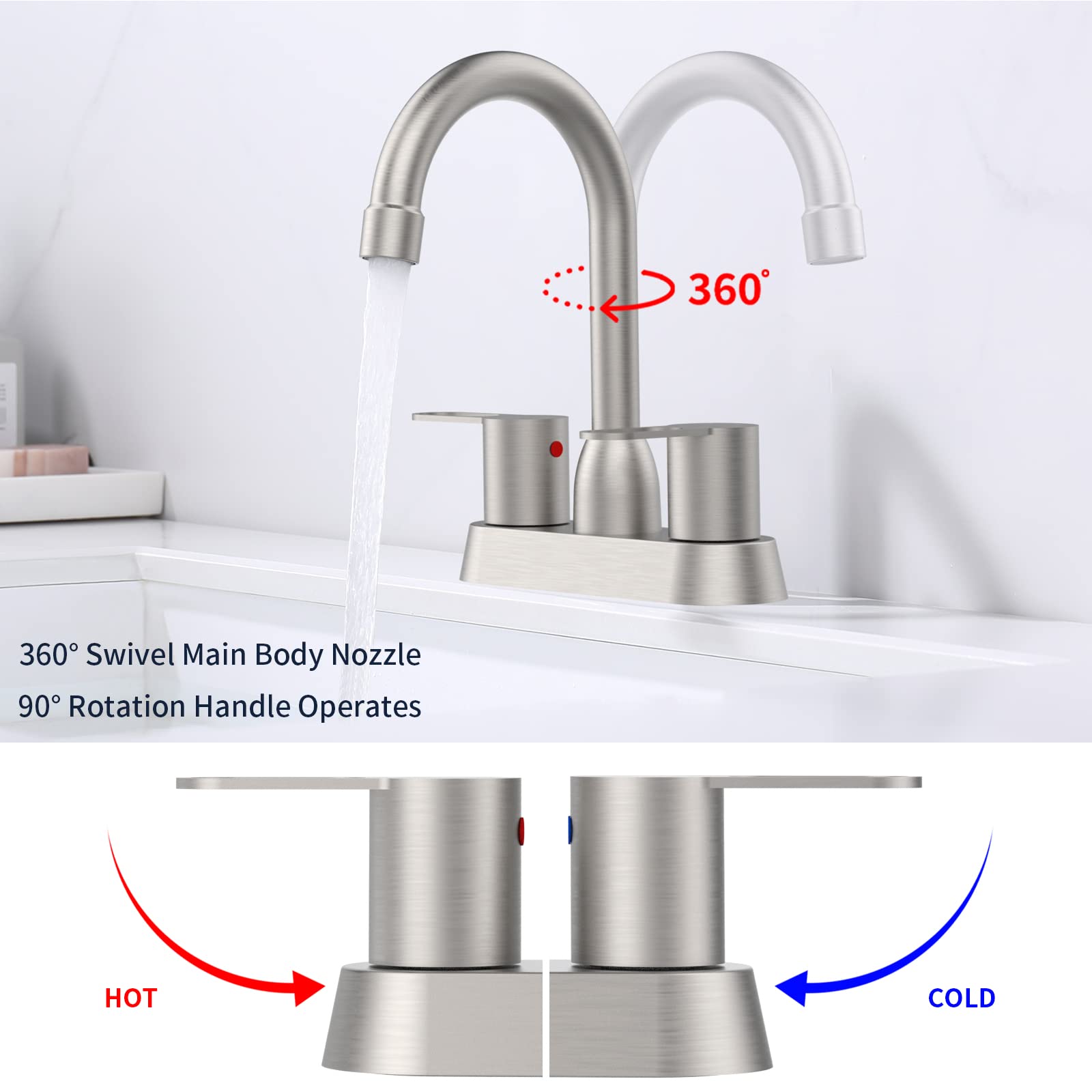 Badezimmer-Armatur Mit 2 Griffen – Gebürstetes Nickel, 10,2 Cm Mittelsatz, 360° Schwenkbarer Auslauf & Pop-Up Ablauf