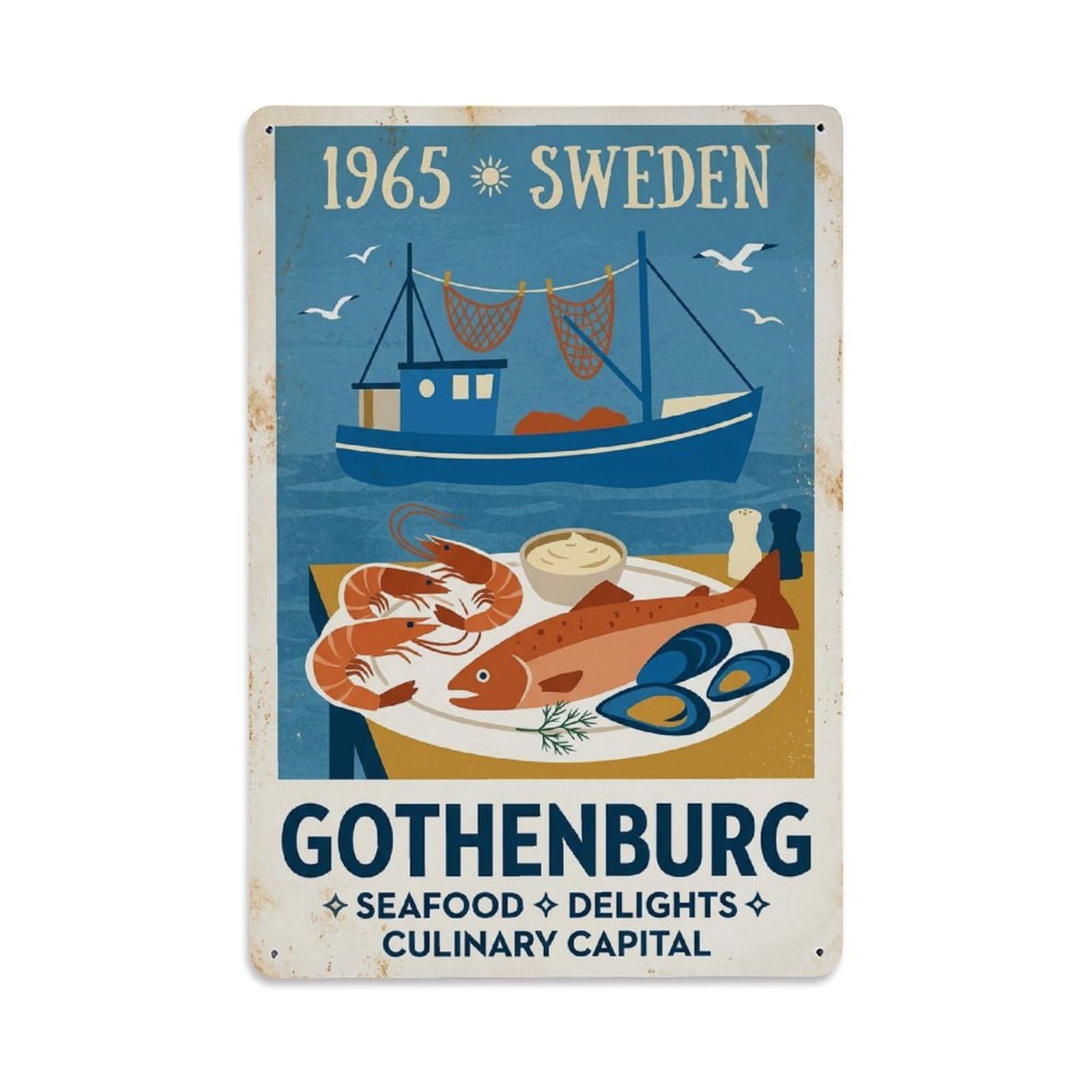 Vintage Travel Gothenburg Sweden Seafood Metal Tin Sign