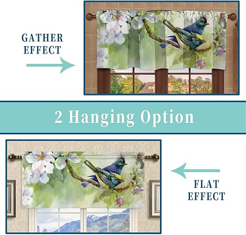 Miniatura 4 de Cortina de ventana de cocina, patrón de flores florales, para sala de estar, cenefa de cortina con bolsillo para barra, 52 x 18 pulgadas, verde