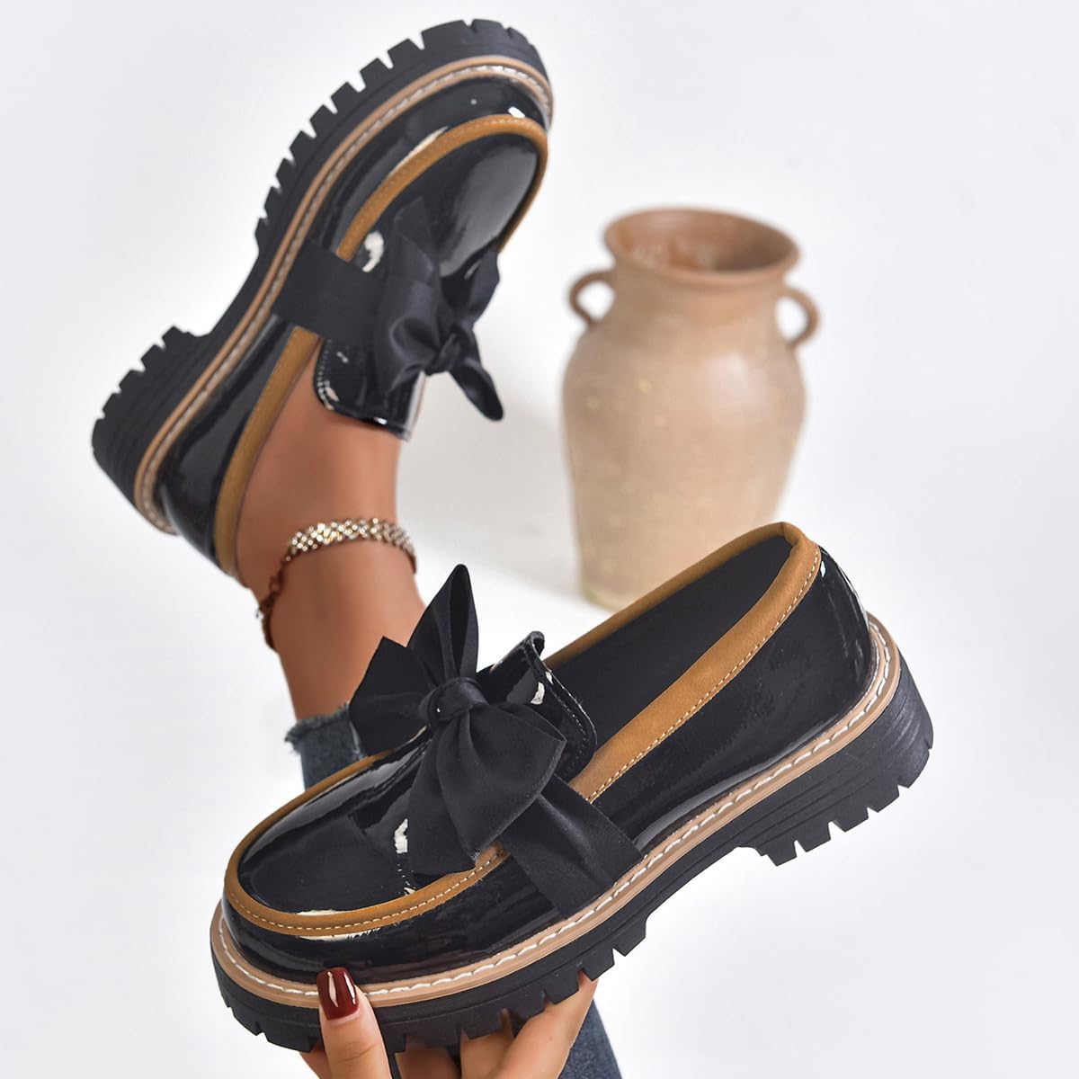 Women's Patent Leather Bow Loafers 3D Bowknot Slip-On Thick Sole Loafers, Casual Office Daily Footwear for Spring Fall - Image 5