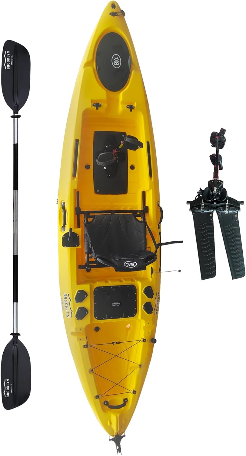 Brooklyn 12.0 Flipper Pedal Drive Single Fishing Kayak – Sit-On-Top Angler Kayak with Hands-Free Pedal System, Rudder Steering, Aluminum Seat, Rod Holders & Storage – 460 lb Capacity (Sunburst)