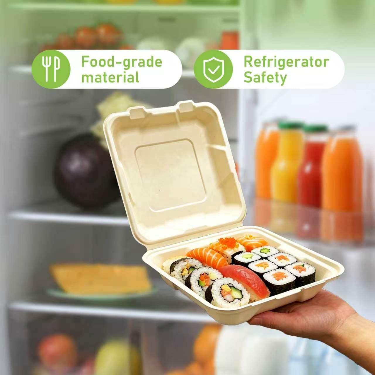 100 Pack 8x8 Compostable Clamshell Takeout Food Containers Sandwich Boxes | Heavy Duty Bamboo To Go Containers with Lids, Biodegradable Food Boxes for Burgers Sandwiches Cake, Microwave Freezer Safe