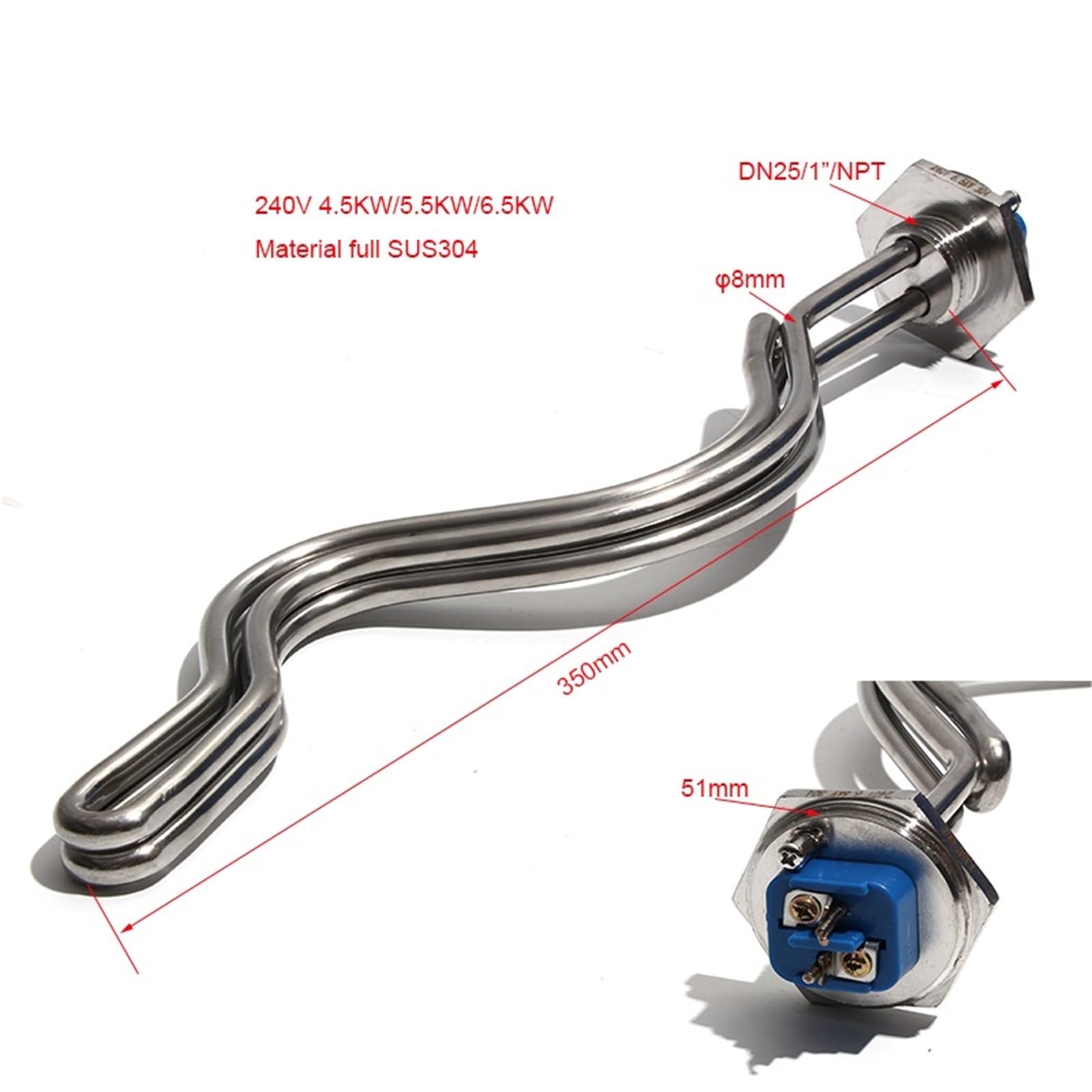 Faltbarer Rohrheizkörper für das Brauen, 240 V, 4500 W, 5500 W, 6500 W, 240 V, 4500 W, 6500 W, mit 1 Zoll NPT 32 mm Gewinde (4500 W 350 mm)