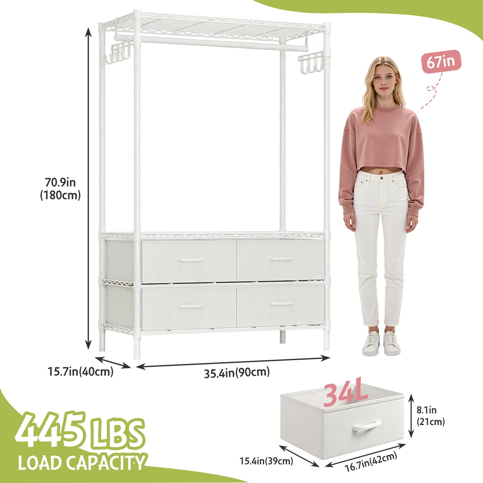 Armario de Ropa de Metal con 4 Cajones y Estantes Ajustables | Blanco, 90 × 40 × 180 cm, Burro de ropa para dormitorio o vestidor