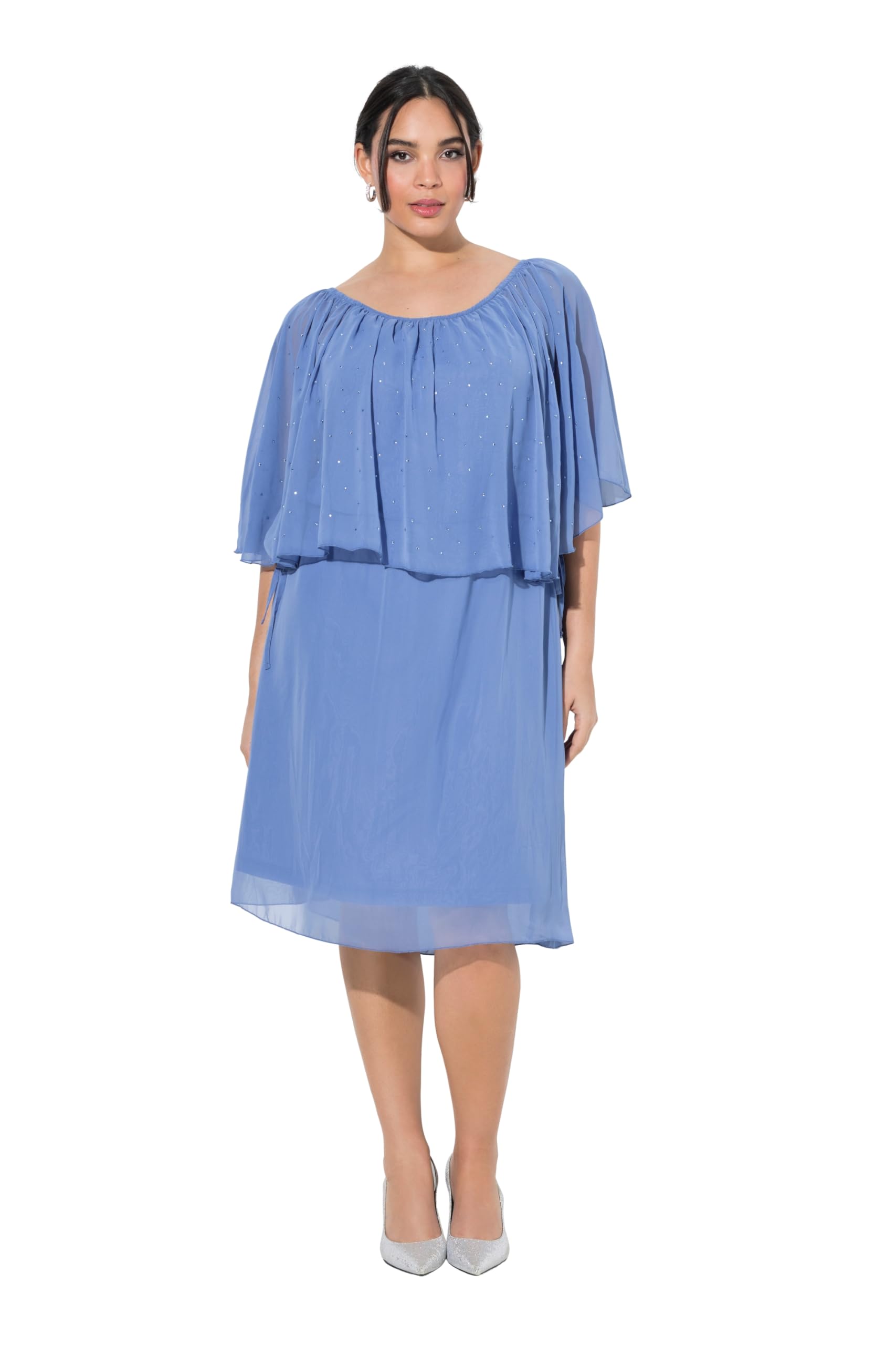 Ulla Popken Damen große Größen Übergrößen Plus Size Kleid, Chiffonrüsche, A-Linie, Carmen-Ausschnitt 848169