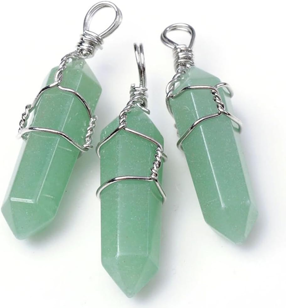 JS Direct 2-5 pcs Natural Amethyst/ Rose Quartz / Tiger Eye Stone/ Green Aventurine/ Rock Crystal Quartz Healing Point Chakra Pendant, 5 Colors Healing Pendants Fashion Jewelry (Green Aventurine(2pcs))