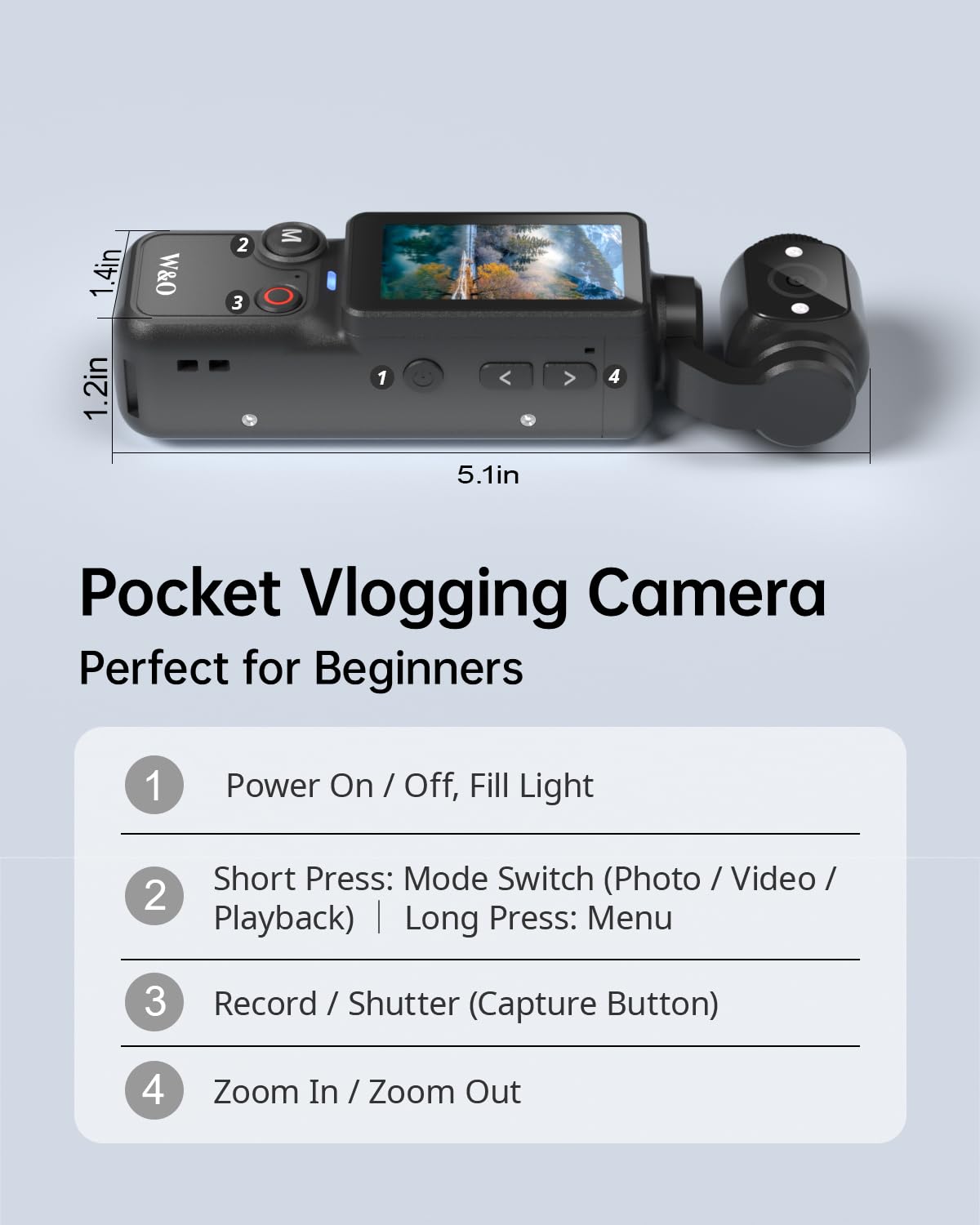 Cámara de vlogging W & O con lente giratoria de 180°, cámara de bolsillo con grabación de audio y video, batería de 7 horas, cámaras POV portátiles con 32GB, grabación fácil con un botón para viajes