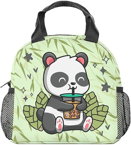 Lonchera Panda para niños, lonchera aislada para niñas y niños, color verde, bonitas, reutilizable, pequeña con bolsillos, bolsa de almuerzo para la