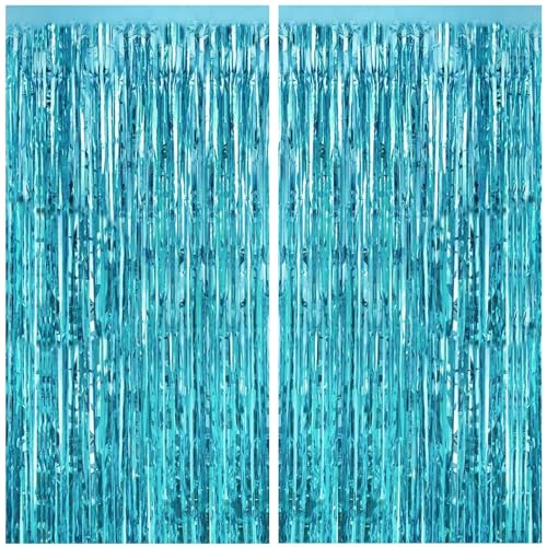 CANREVEL 2 Pack 3.3x8.2 Feet Light Blue Foil Fringe Backdrop Curtains, Tinsel Streamers Birthday Party Decorations, Fringe Backdrop for Birthday Baby Shower Mermaid Under The Sea Ocean Frozen Party