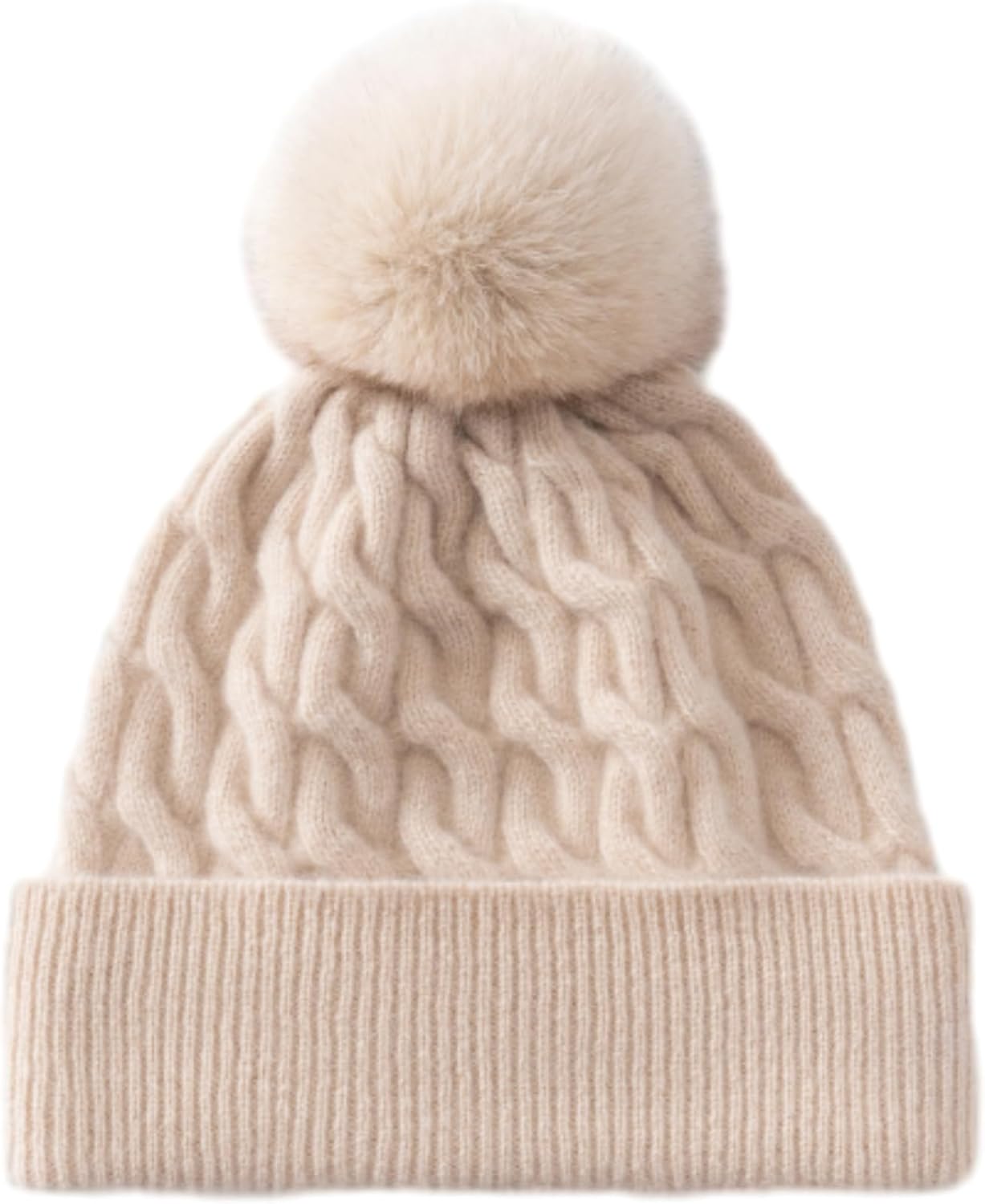 Women's 100% Pure Cashmere Cable Knit Hat; 2-ply Yarn Super Soft; Cuffed,with Pom SL-8009
