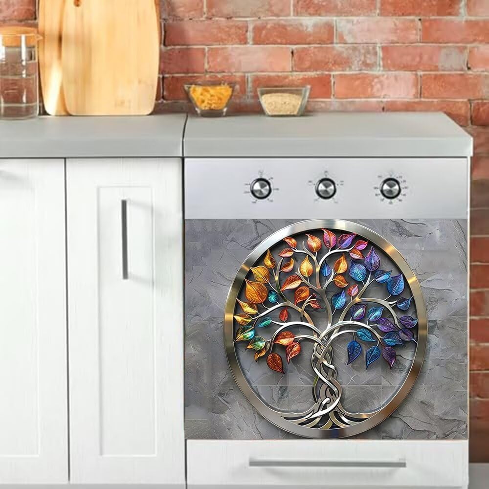 Stainless Steel Dishwasher Cover, Metal Tree of Life Refrigerator Magnet Cover Decal Refrigerator Microwave Sticker Home Decor, Dishwasher Door Cover Decor 23" x 17" Magnetic