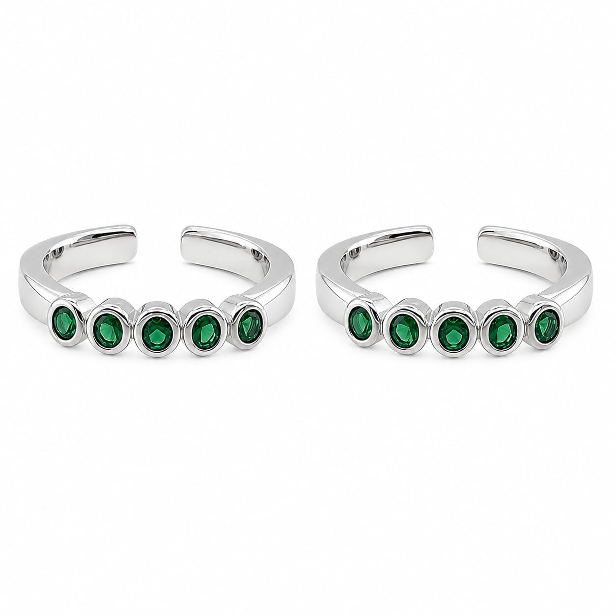 sahiba gems 925 Sterling Silver Designer Toe Rings for Women | Green Sparkling Zircon Design Open Band Bichiya | Pair of 2 | Lightweight & Skin Friendly-picture-2