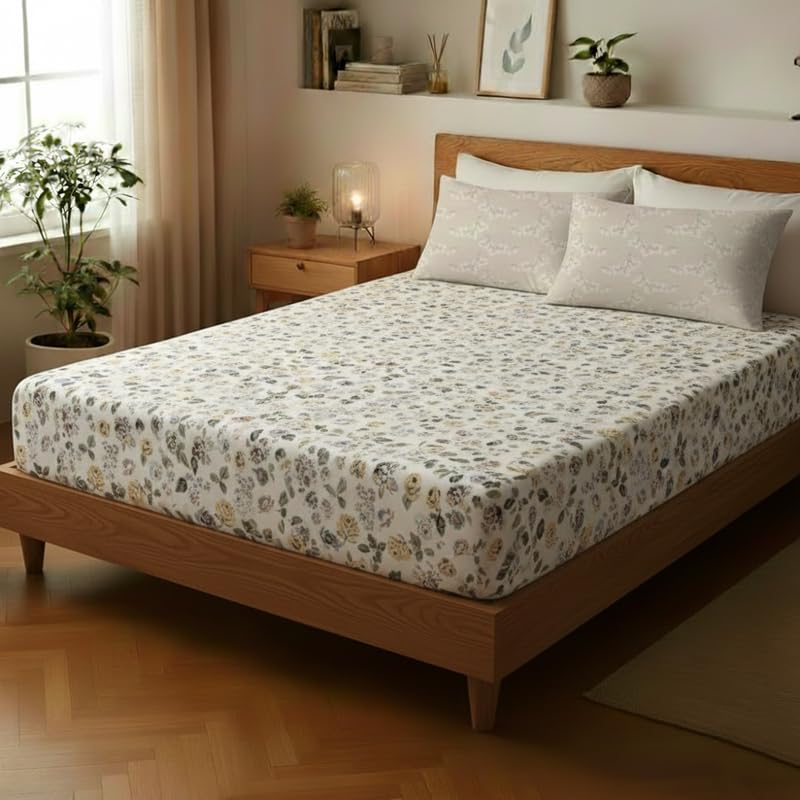Image of Utopia Bedding Poly Cotton Floral King Size Bedsheet Set with Bedsheet & 2 Pillow Covers, Ultra Soft Cotton(Beige) 275x275 CM