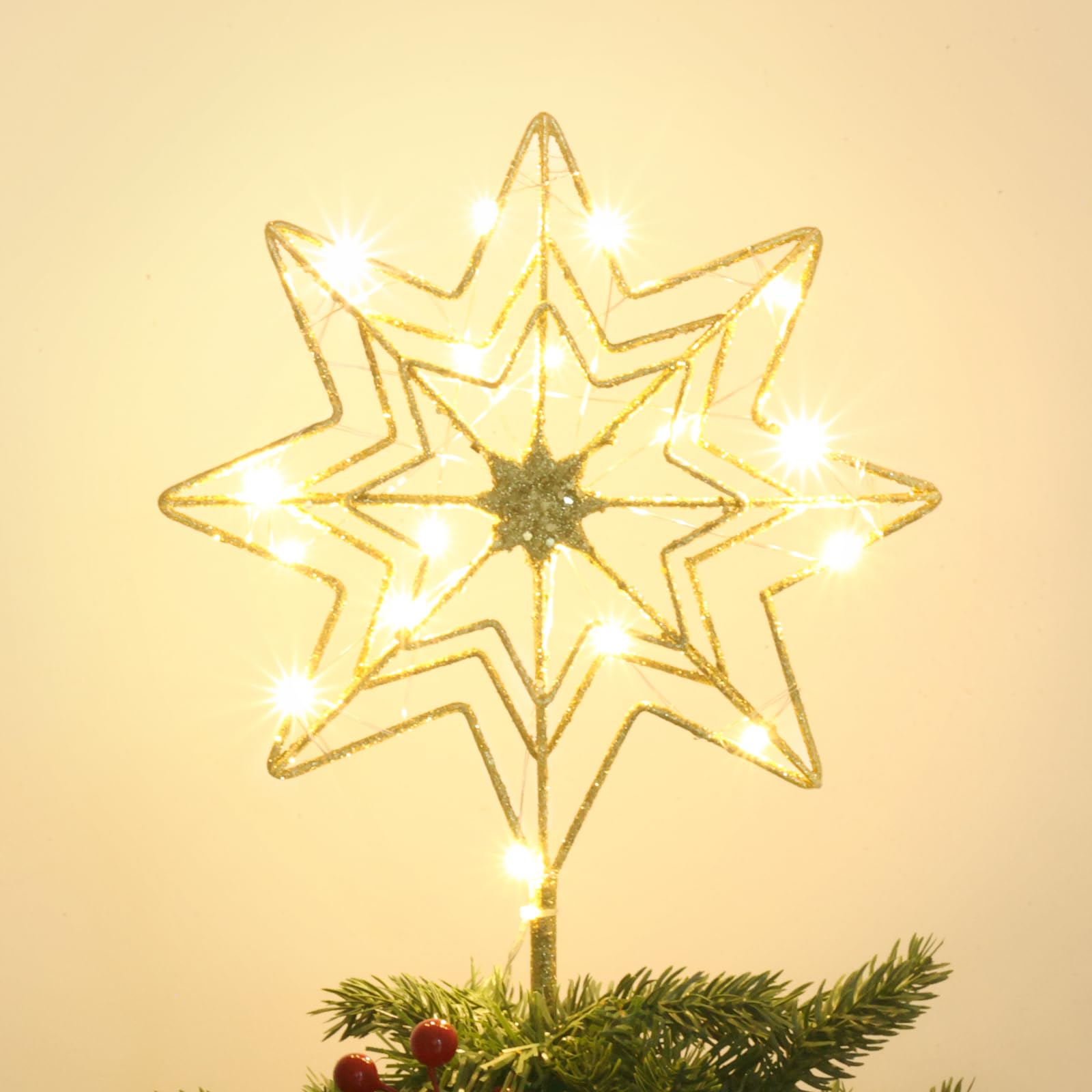hogardeckChristmas Tree Topper, Glittered Gold 8-Pointed Star Tree Topper for Christmas Treetop, 20 LED Sparkling Tree Toppers for Christmas Tree Decorations