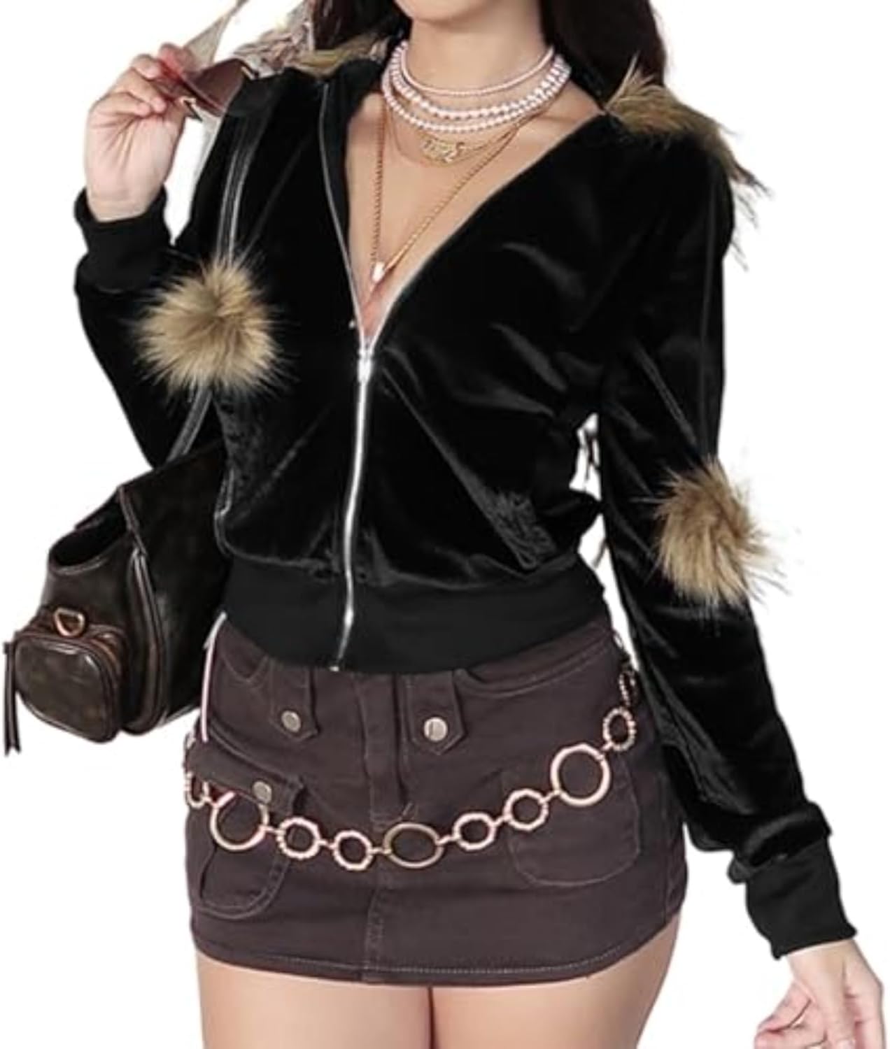 Bosloga Faux Fur Trim Hoodies for Women, Y2k Long Sleeve Cropped Sweatshirt, Zip Up Jacket with Fur Hood Vintage Outfit