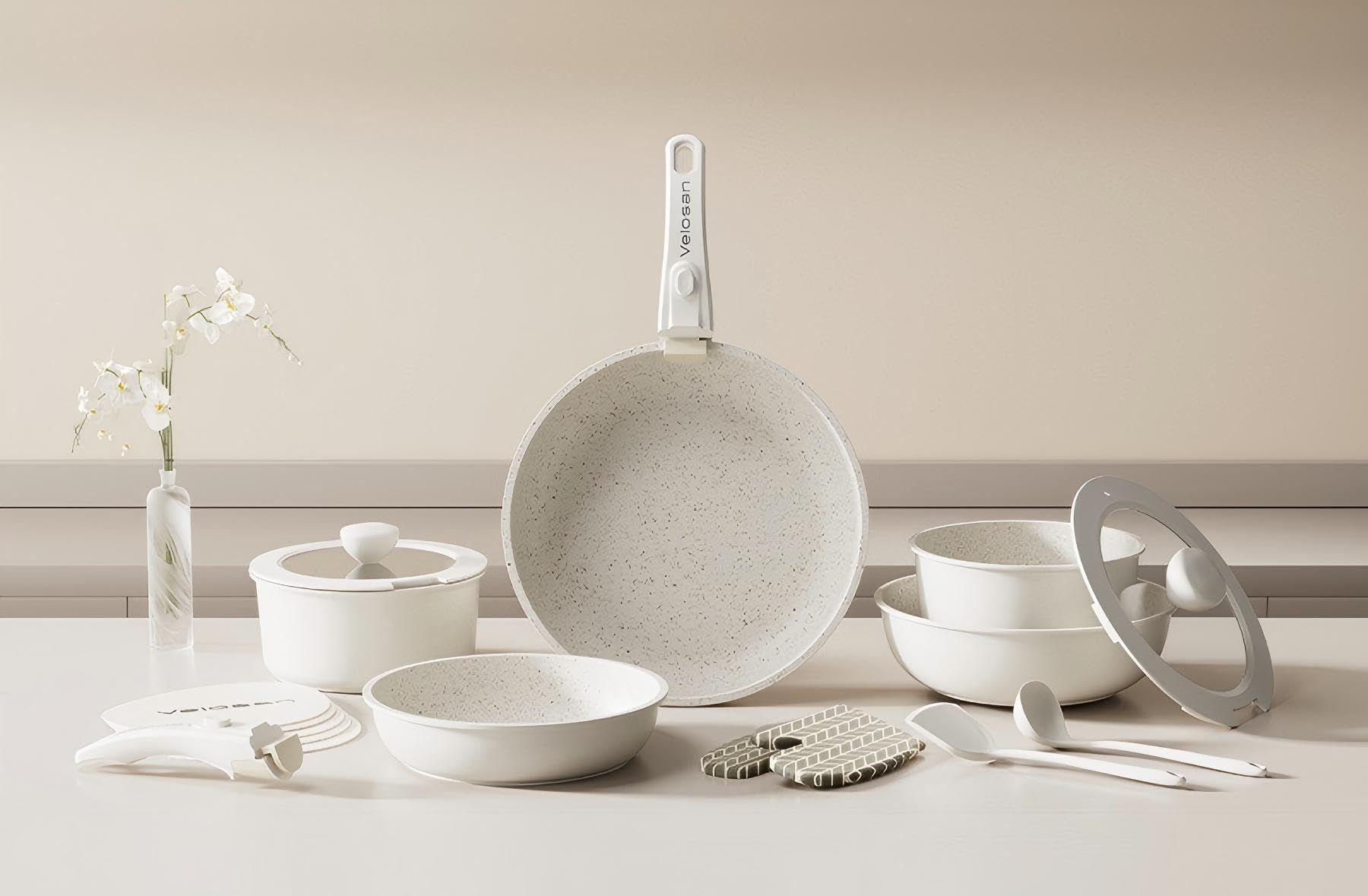 Velosan 18-Piece Removable Handle Nonstick Cookware Set | PFOA-Free Nonstick Coating | Stackable for RV/Camping | Oven & Induction Safe