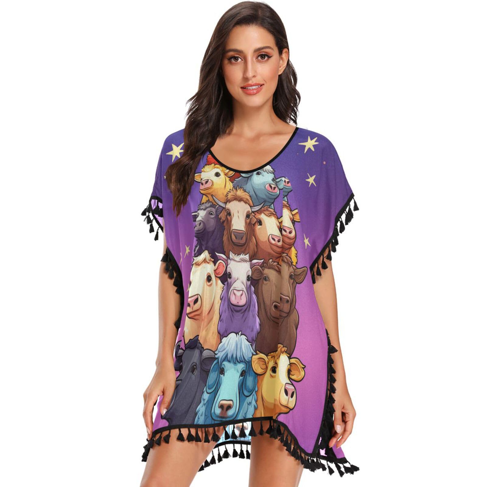 Doodle Art Animal Cow Women's Beach Cover Up Chiffon Tassel Swimwear Swimsuit Coverups for Girl