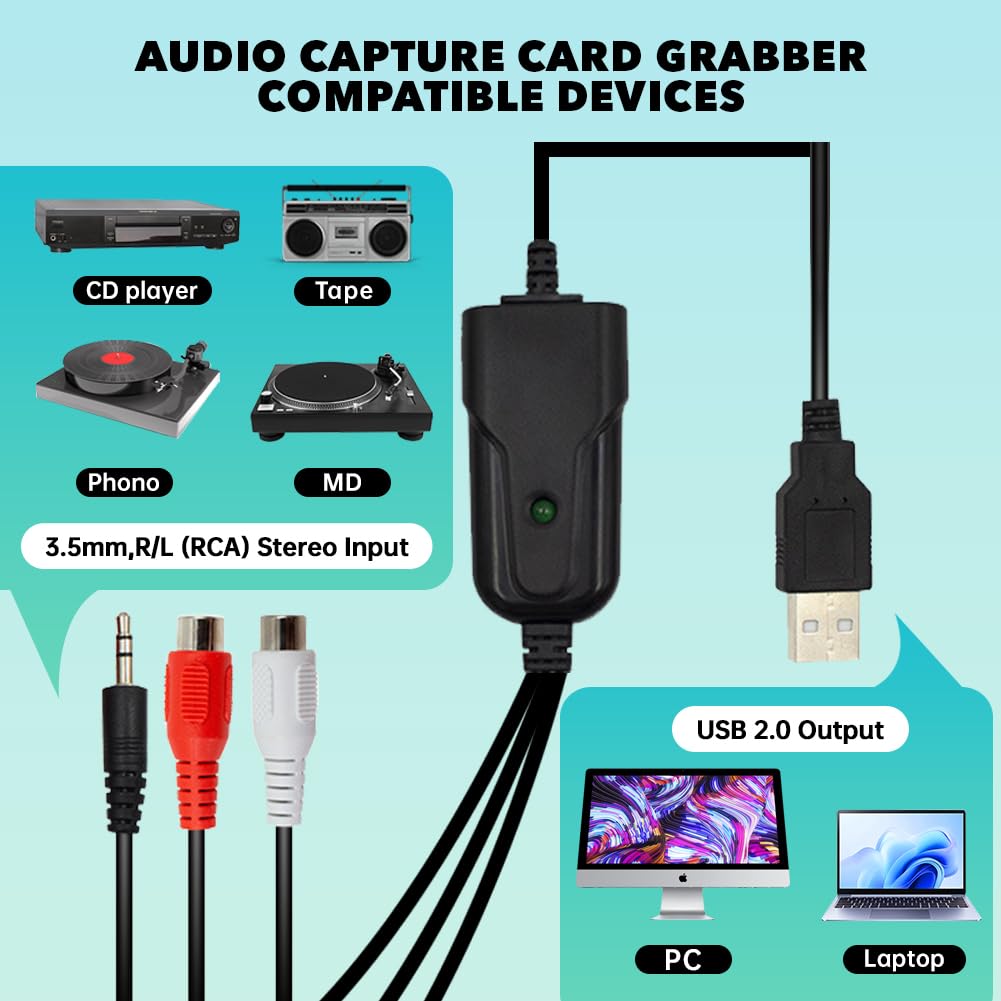 Carte de Capture Audio USB 2.0 pour Cassettes Vers Convertisseur MP3, Interface Stéréo 3.5mm, R/L Compatible avec Windows XP/7/8/10 et Mac OS 10.14