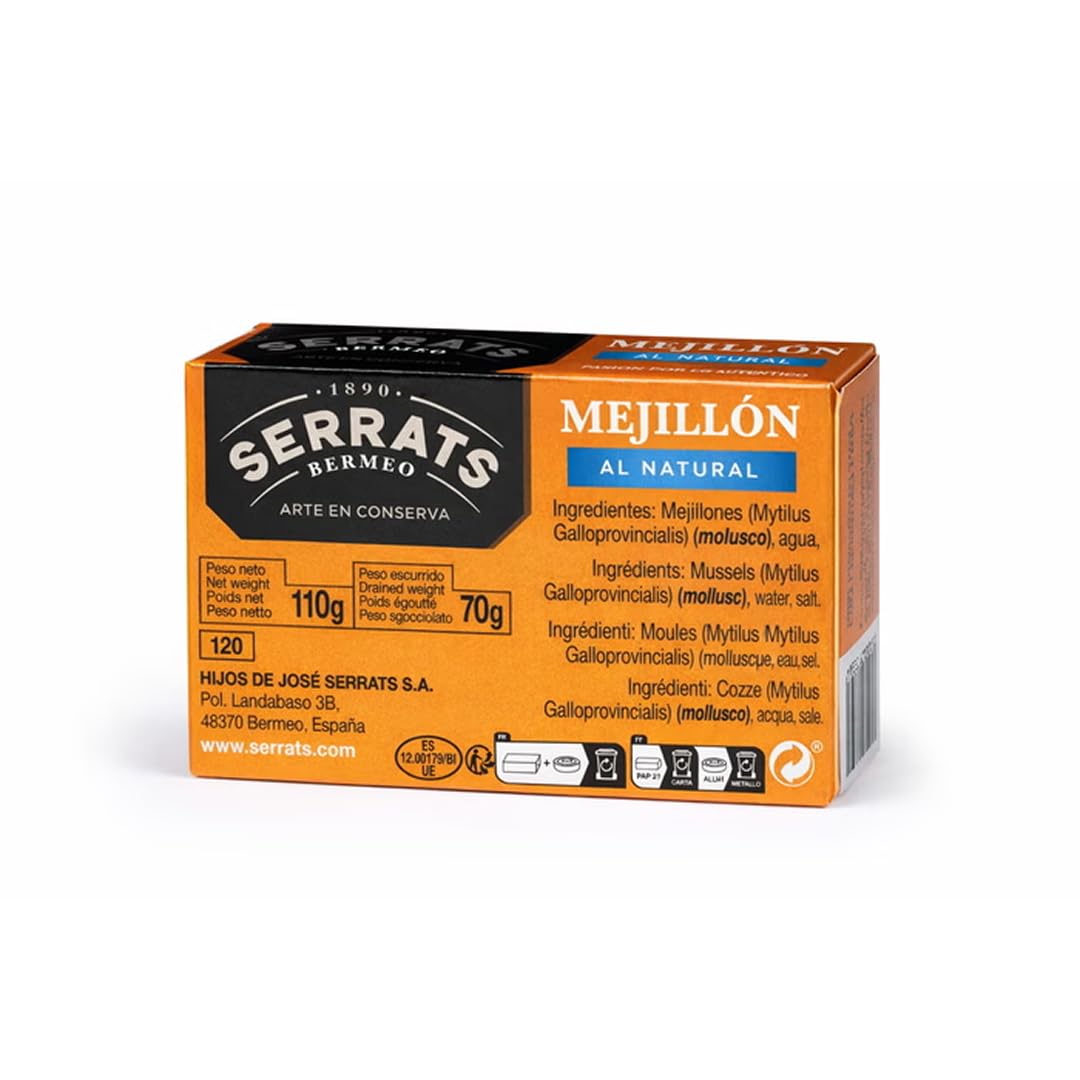 CONSERVAS SERRATS - Mejillones al Natural 12/16 Piezas por Lata - 12 latas x 110g (Total: 1320g) - Elaboración Artesanal desde 1890 - Sin Gluten, Rico en Omega 3