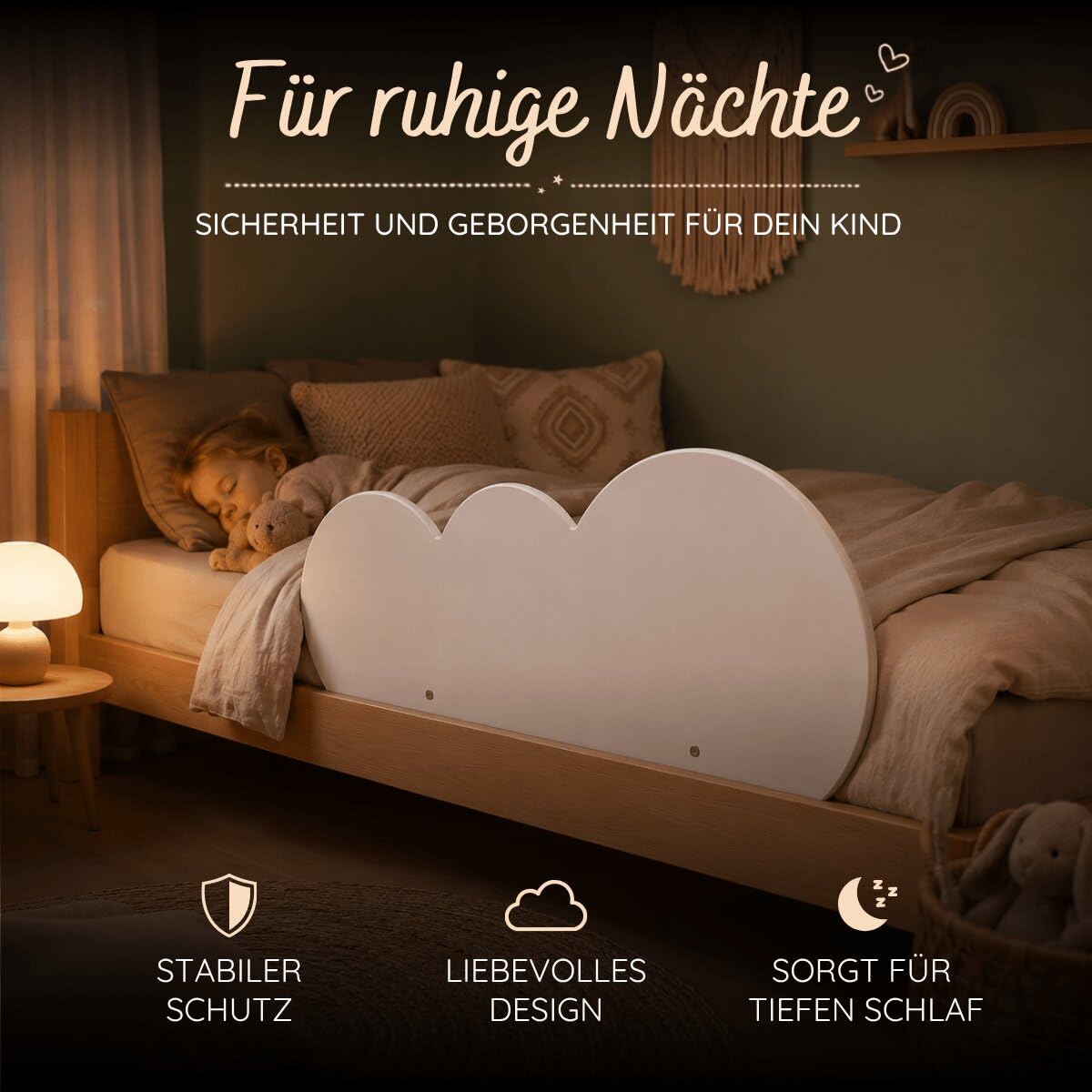 Rausfallschutz Bett aus Holz in süßem Design für Kinder - Bettgitter Rausfallschutz Wendy fürs Kinderzimmer, Bettschutzgitter Kinderbett, Hausbett bis 200cm geeignet, schön, stabil + sicher