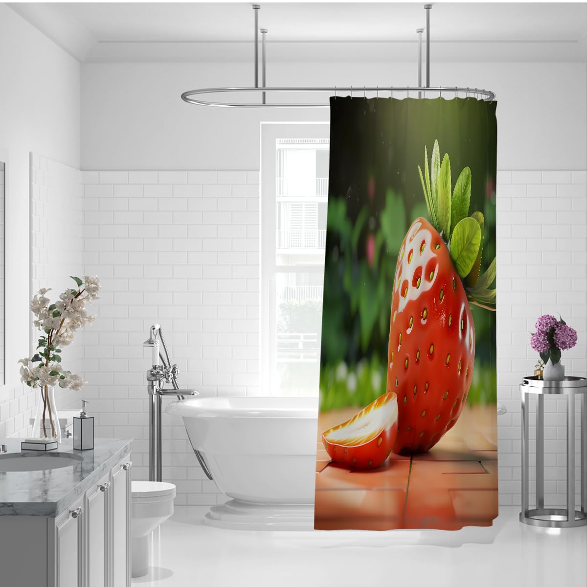 Rideau de Douche Paysage Botanique Fraise Rouge Fraîche, Ferme de Fruits Été Fond Vert Nature, Décor de Salle de Bain Tissu Esthétique avec Crochets, Étanche 200 x 200 cm