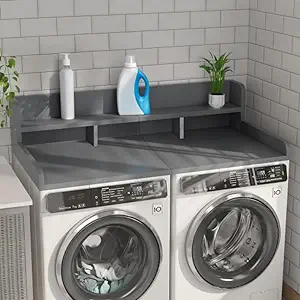 CuisinSmart Washer Dryer Countertop with 2-Tier Shelf, Wood Laundry Countertop Over Washer and Dryer with Edge, 54" Width x 27.5" Depth Laundry Hamper Table Top Storage Organization Gray