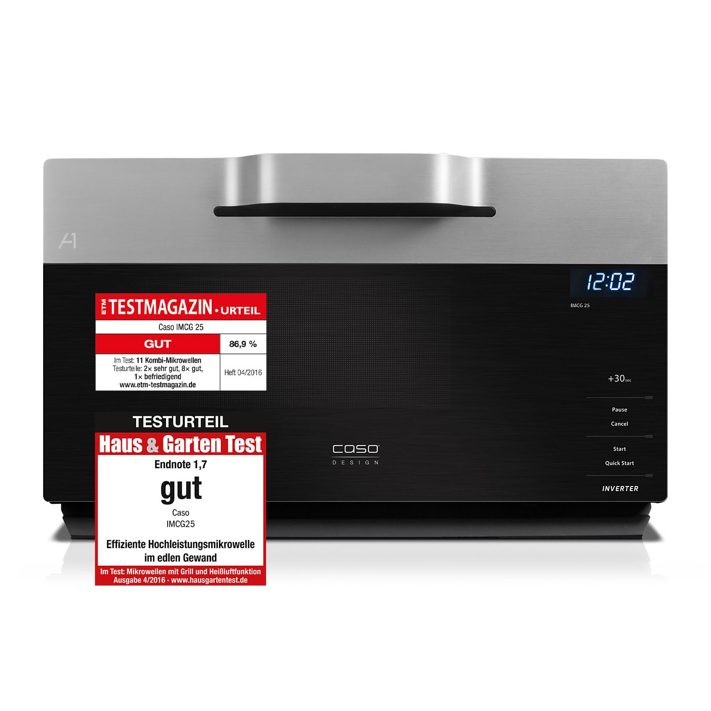 CASO | IMCG25 3-in-1 Mikrowelle mit Grill und Heißluft 2050W |Inverter-Technik für schonendes Erwärmen, Backofen-Funktion 110-200°C, 25L, Design Edelstahl, Schwarz/Silber