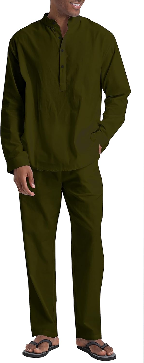 Men's Linen Sets Henley Shirts 2 Piece Vacation Outfits Beach Clothes Casual Suit Long Sleeve Shirt Yoga Pants Summer - Image 2